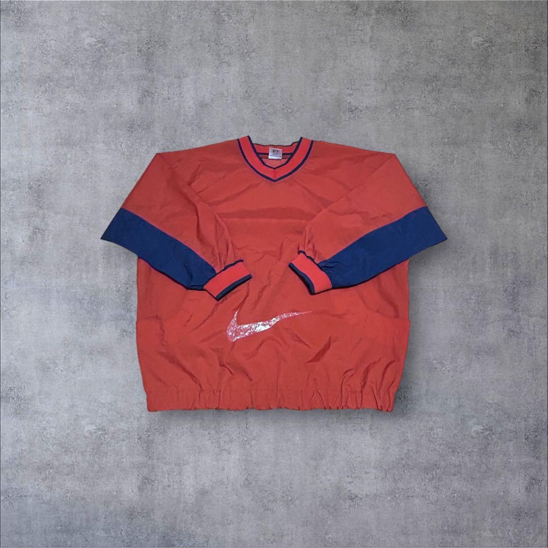 90s ナイキ ピステ M オレンジ 紺 切替 ビッグロゴ Ｖネック Y2K