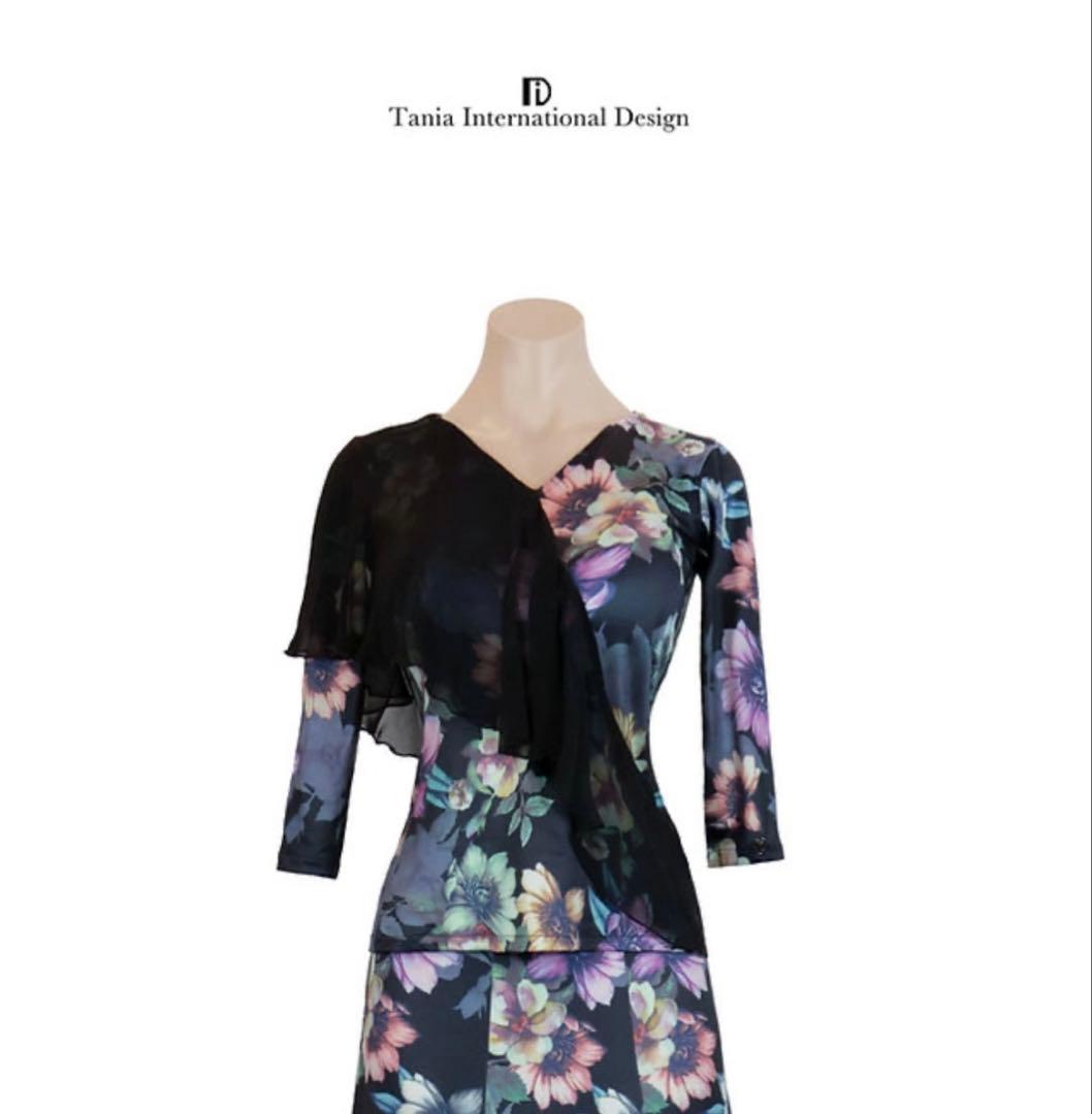 社交ダンス衣装　ダンストップス　ダンスウェア TID 黒　花柄