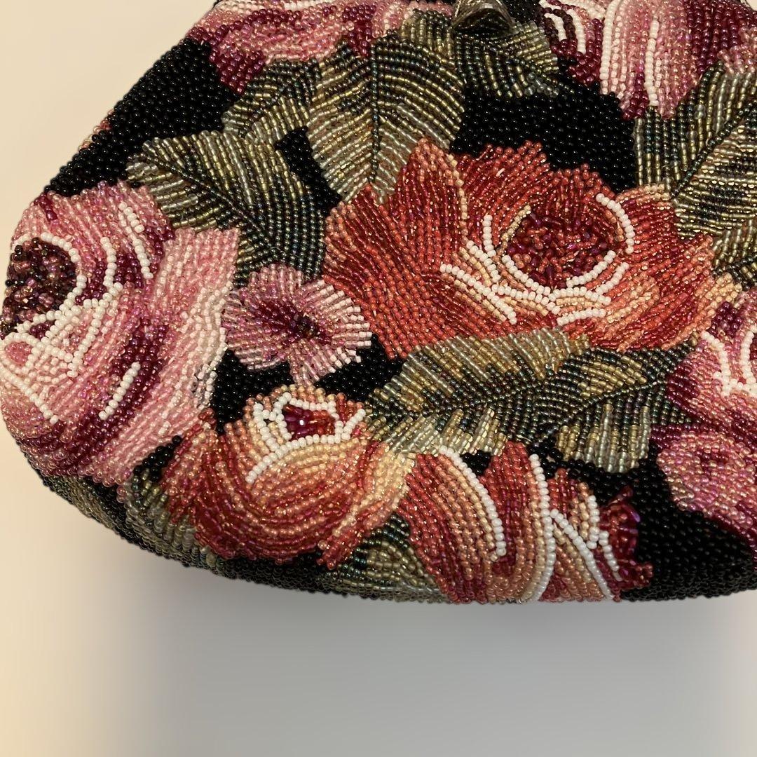 【希少】花柄総ビーズ刺繍がま口バッグ
