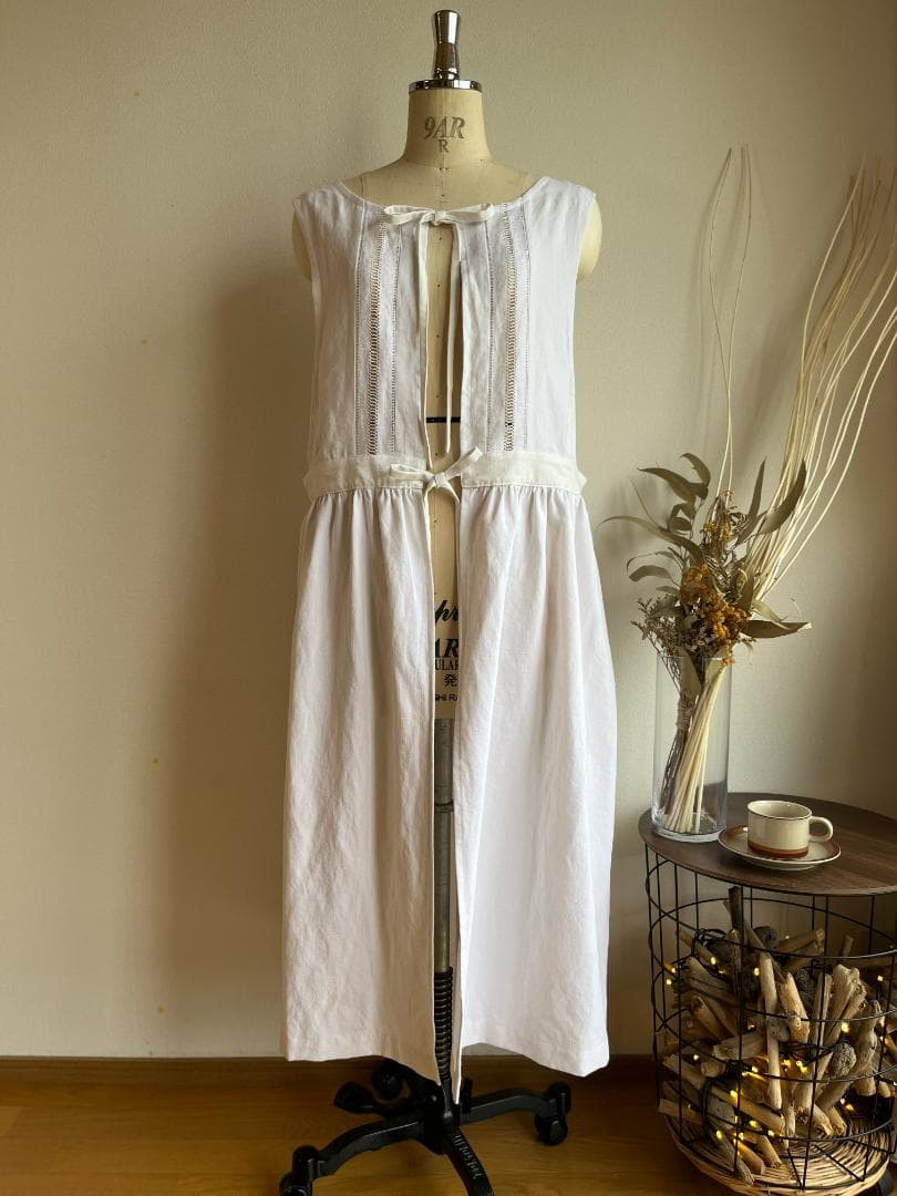 アンティーク　リネン　エプロン　ワンピース　リメイク　ハンドメイド