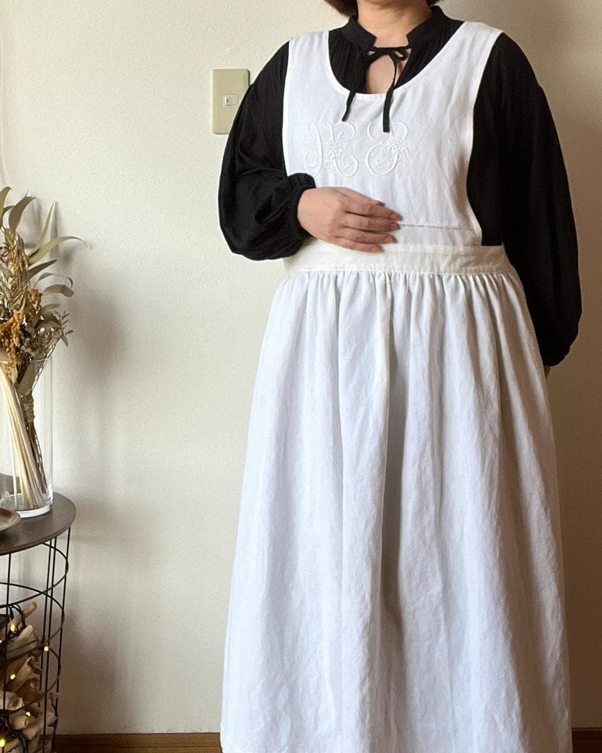 アンティーク　リネン　エプロン　ワンピース　リメイク　ハンドメイド