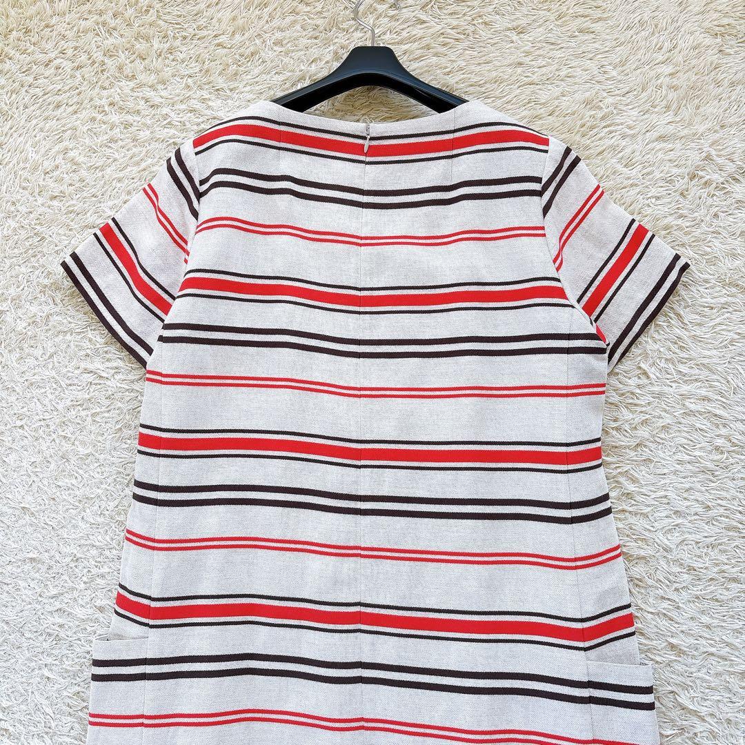 クリ済✨美品✨レリアン リネンボーダーワンピース 大きいサイズ13+ ベージュ系