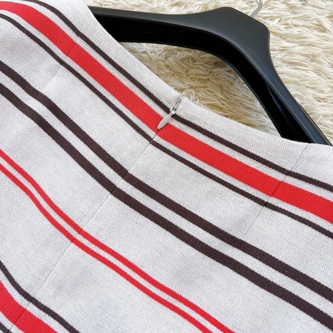 クリ済✨美品✨レリアン リネンボーダーワンピース 大きいサイズ13+ ベージュ系