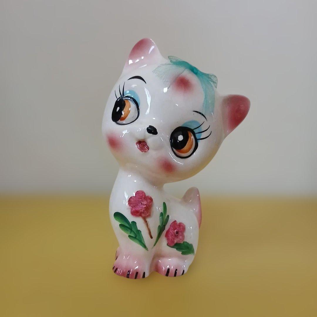 昭和レトロ　ネコ　陶器　置物　花柄　セット品