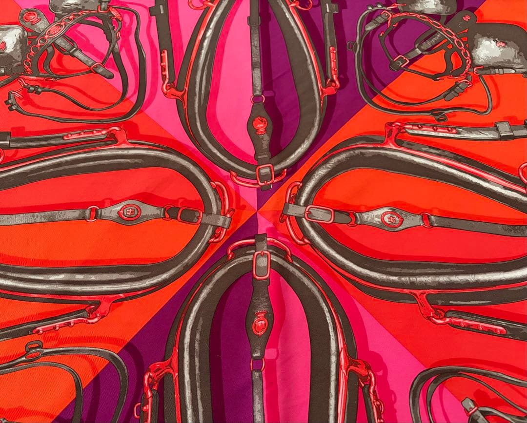 箱有 HERMES エルメス カレ70 馬具モチーフ シルクスカーフ ピンク紫