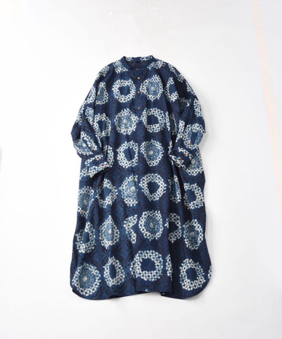 ☆美品☆45R 抜染プリントのビッグシャツドレス（インディゴ）　0サイズ