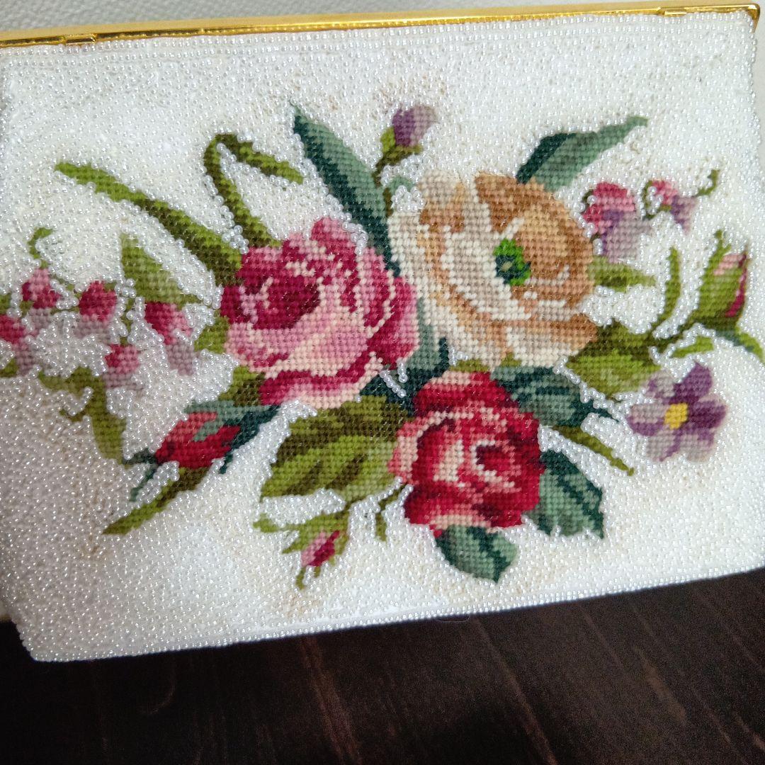 ビーズバッグ フラワー刺繍 花柄 バラ ハンドバッグ 昭和レトロ ヴィンテージ