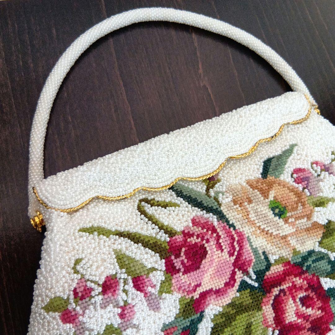 ビーズバッグ フラワー刺繍 花柄 バラ ハンドバッグ 昭和レトロ ヴィンテージ