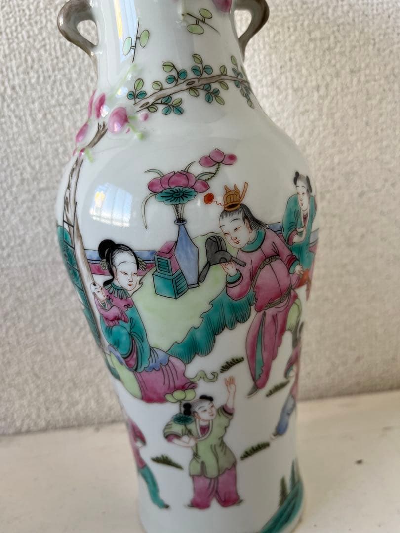 民国時代　中国古玩　粉彩　双耳 花瓶 壺　木箱