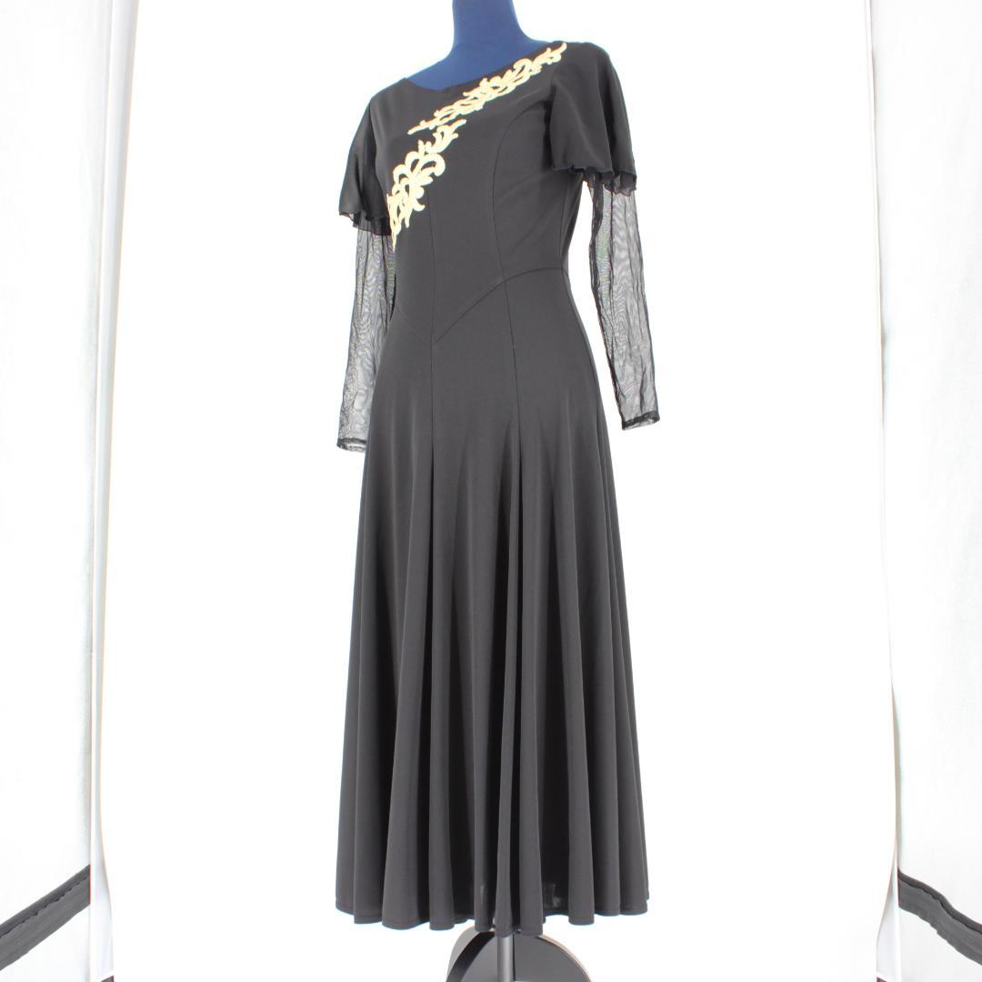 【美品 社交ダンス衣装】黒 ゴールド シンプル 社交ダンス ワンピース ドレス