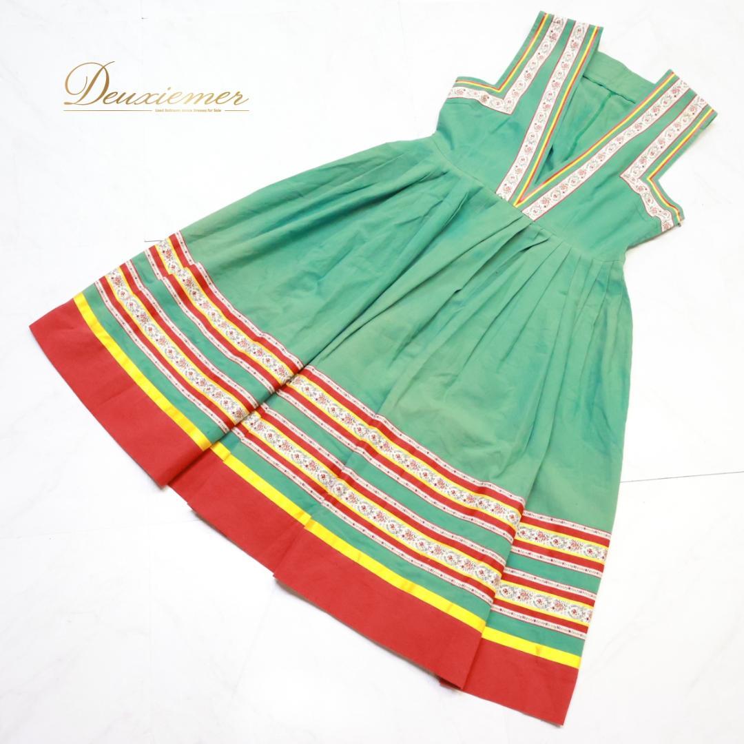 【フォークダンス衣装】グリーン ワンピース ドレス チロリアン 緑 黄 赤 花柄