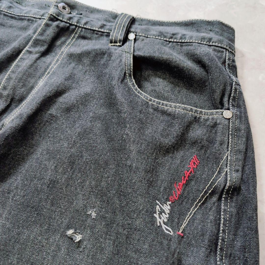 【極太ワイド】FUBU フブ　ブラックデニム　38 y2k 平成　特大 刺繍ロゴ