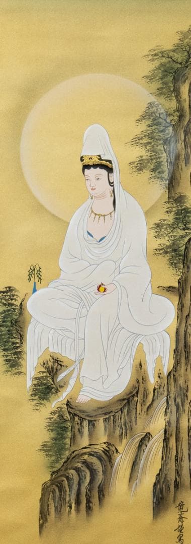 掛軸-1465　寛斎　岩上観音　共箱　仏画