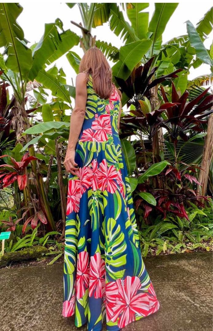 ハワイアントロピカルフラワー柄 マキシドレス