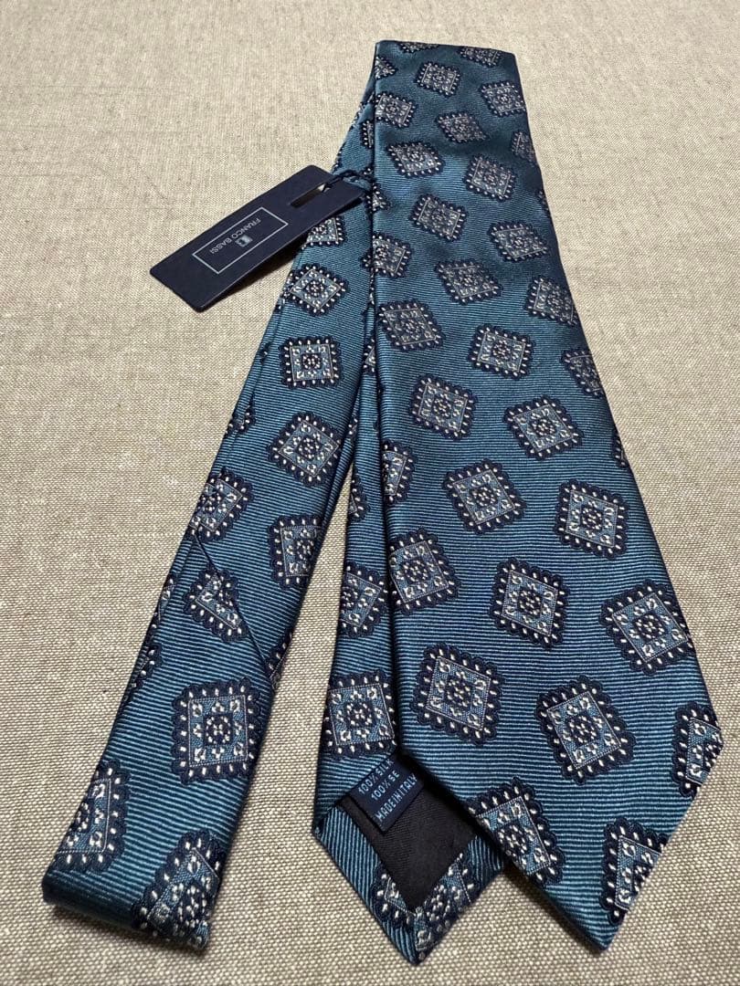 【新品】FRANCO BASSI／ジャガードタイ／スクエアモチーフ／アースブルー