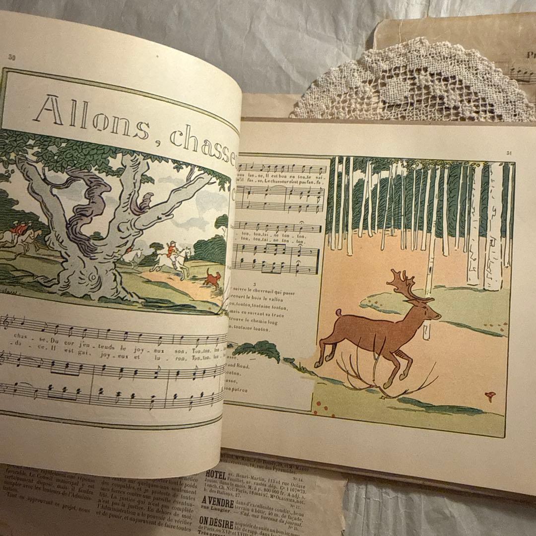 1910年フランス語アンティーク絵本　洋書　古書　楽譜ジャンクジャーナル