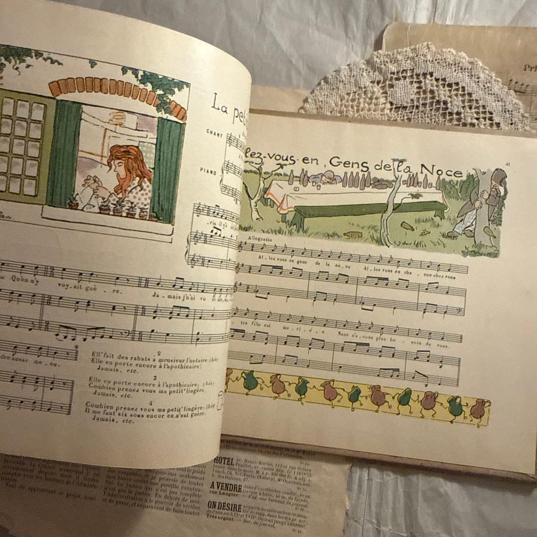 1910年フランス語アンティーク絵本　洋書　古書　楽譜ジャンクジャーナル