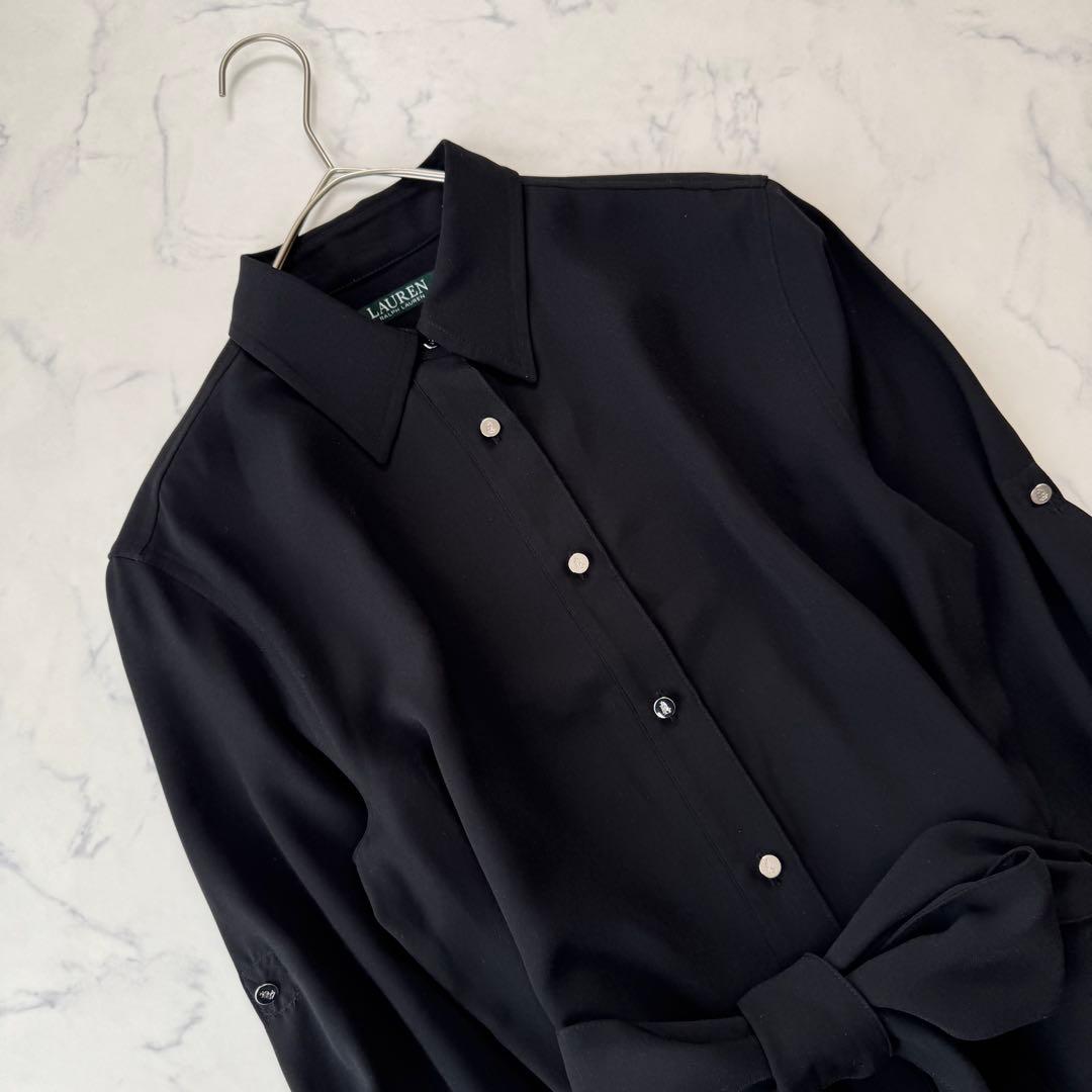 ラルフローレン ロングシャツワンピース リボン ベルト フレア 長袖 ロゴボタン