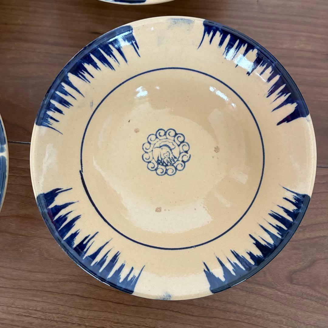 陶器製ボウル 4枚セット ヴィンテージ ソンベ焼き 中皿 鶏 青色 鉢