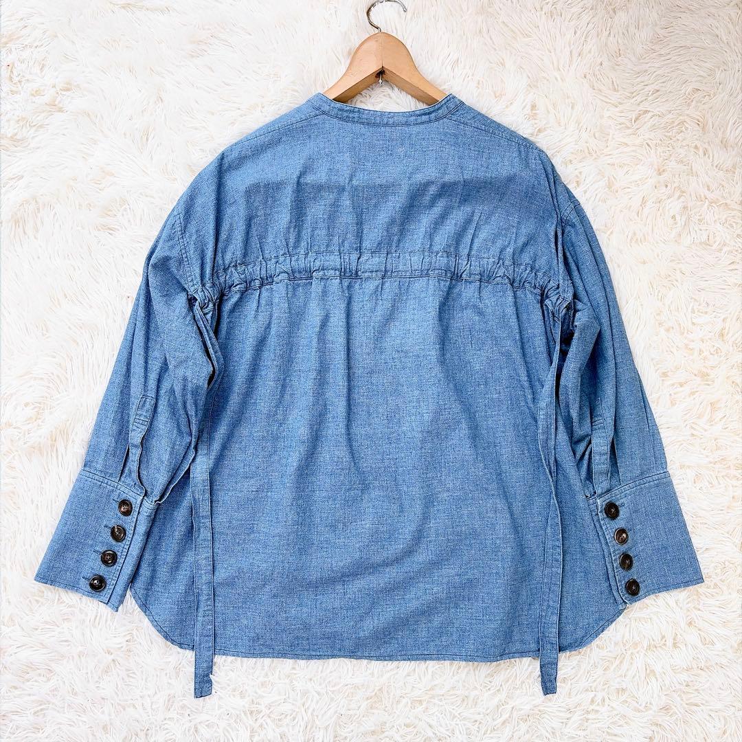 【未使用】カレンソロジー　ダンガリーシャンブレーブラウス　ノーカラー リネン混