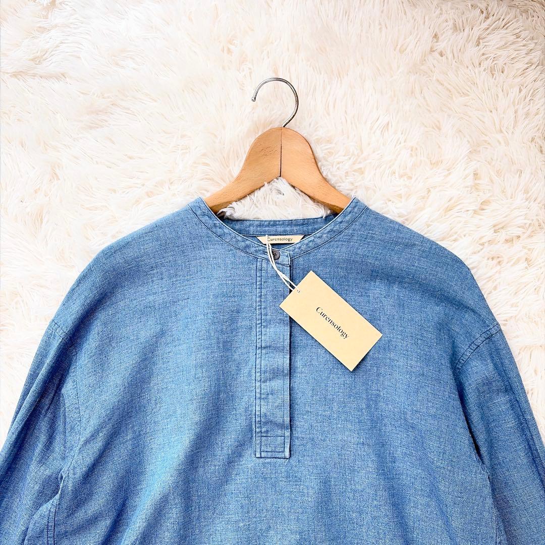 【未使用】カレンソロジー　ダンガリーシャンブレーブラウス　ノーカラー リネン混