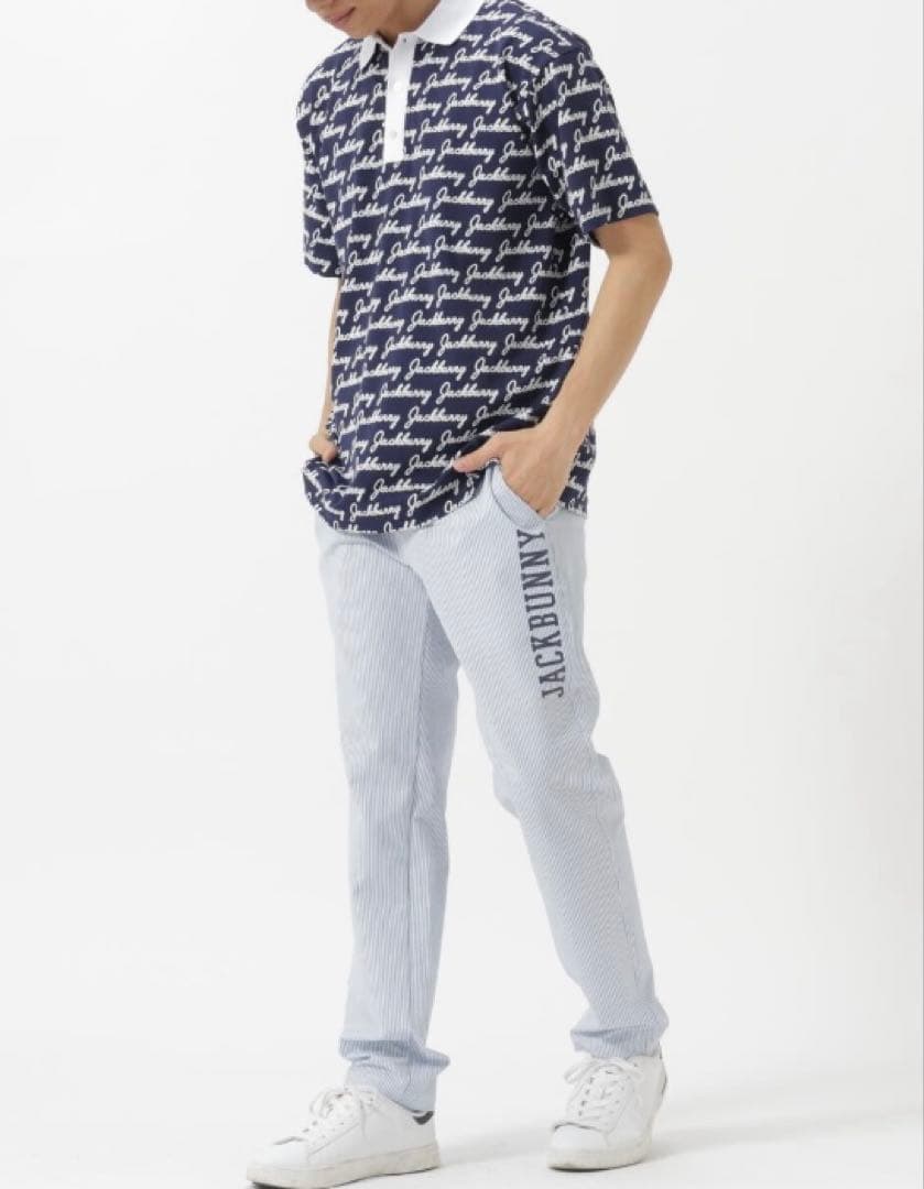 新品 パーリーゲイツ ジャックバニー 吸水速乾ストライプロングパンツ(5)L/青