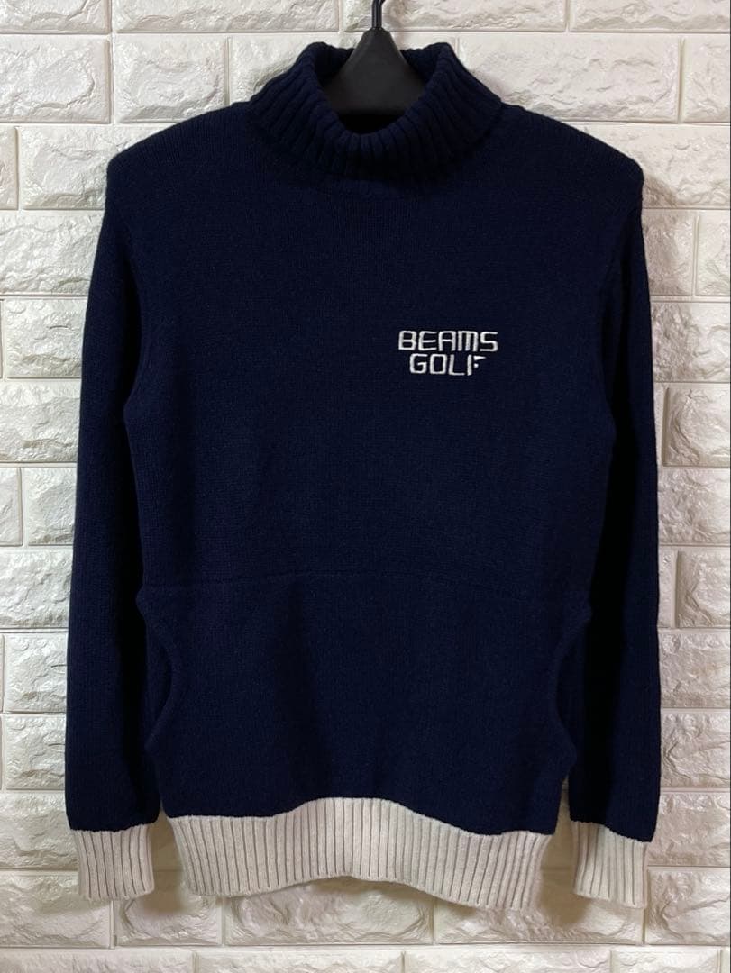 BEAMS GOLF ウール100% バイカラー タートルネック ニット 紺 S