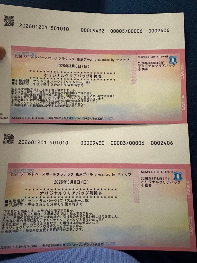 3/8引換券　2枚　即発送　WBC 2026 オリジナルクリアバッグ