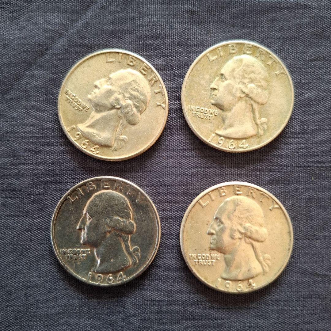アメリカ、銀貨、1964年発行の25セント銀貨(銀90％)4枚