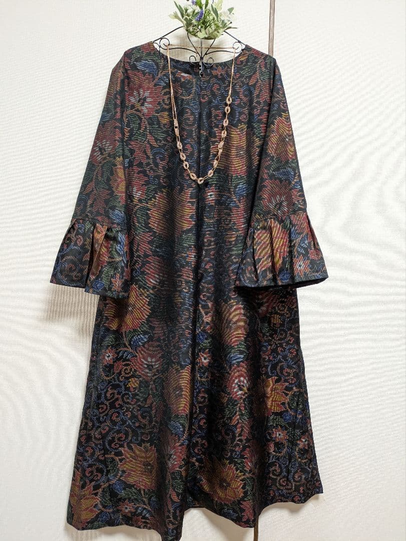 着物リメイクワンピース★大島紬★Aラインワンピ&バッグ&スヌード&ブローチ　４点