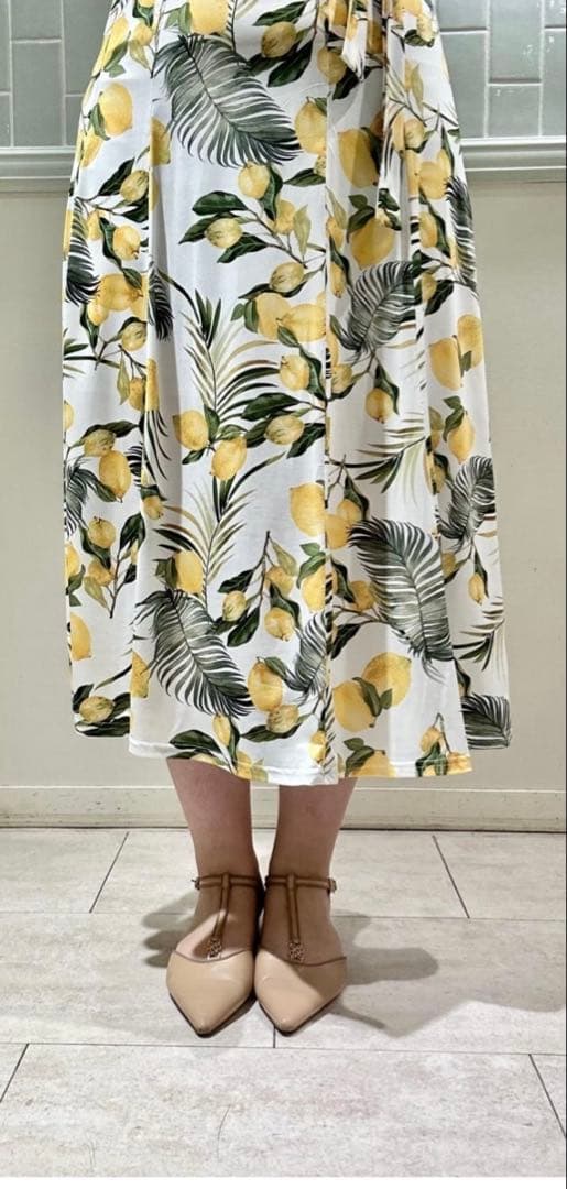 レモン柄　ジャージワンピース　七分袖　春夏ワンピース　美品