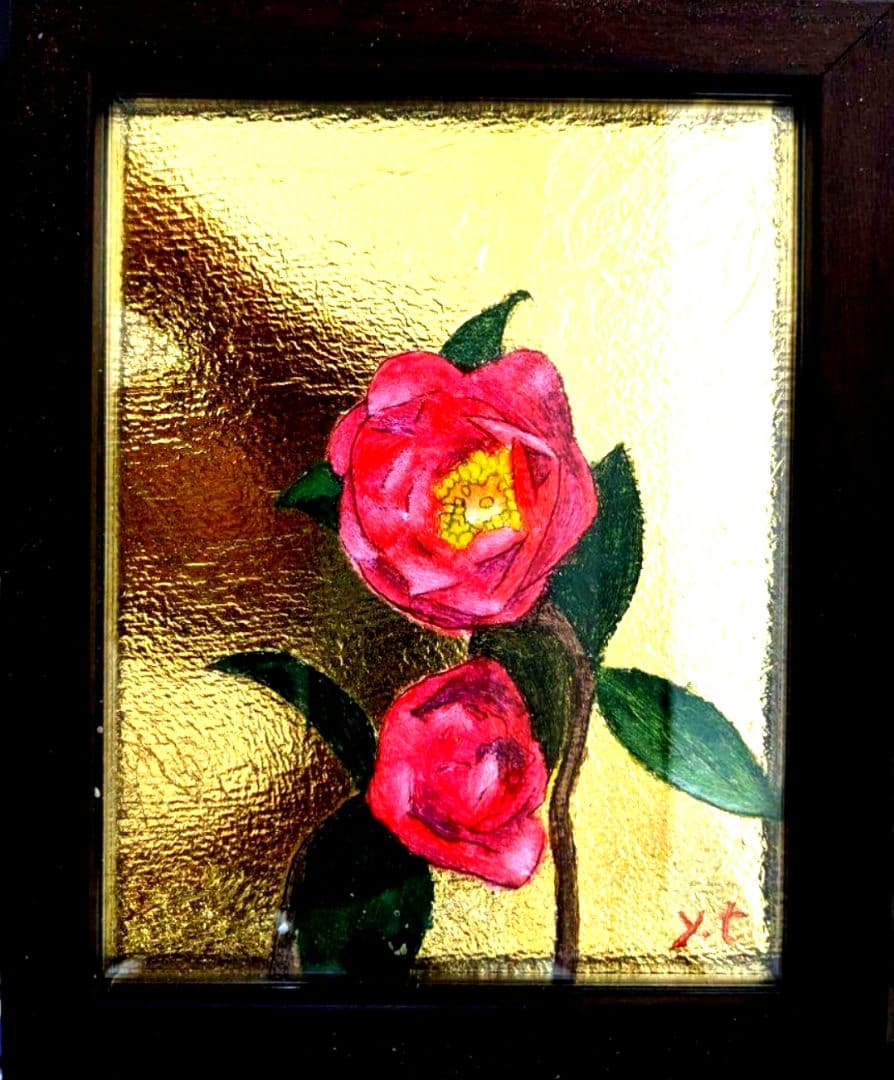 ユッコ。超美品！椿の花　金箔　油彩画