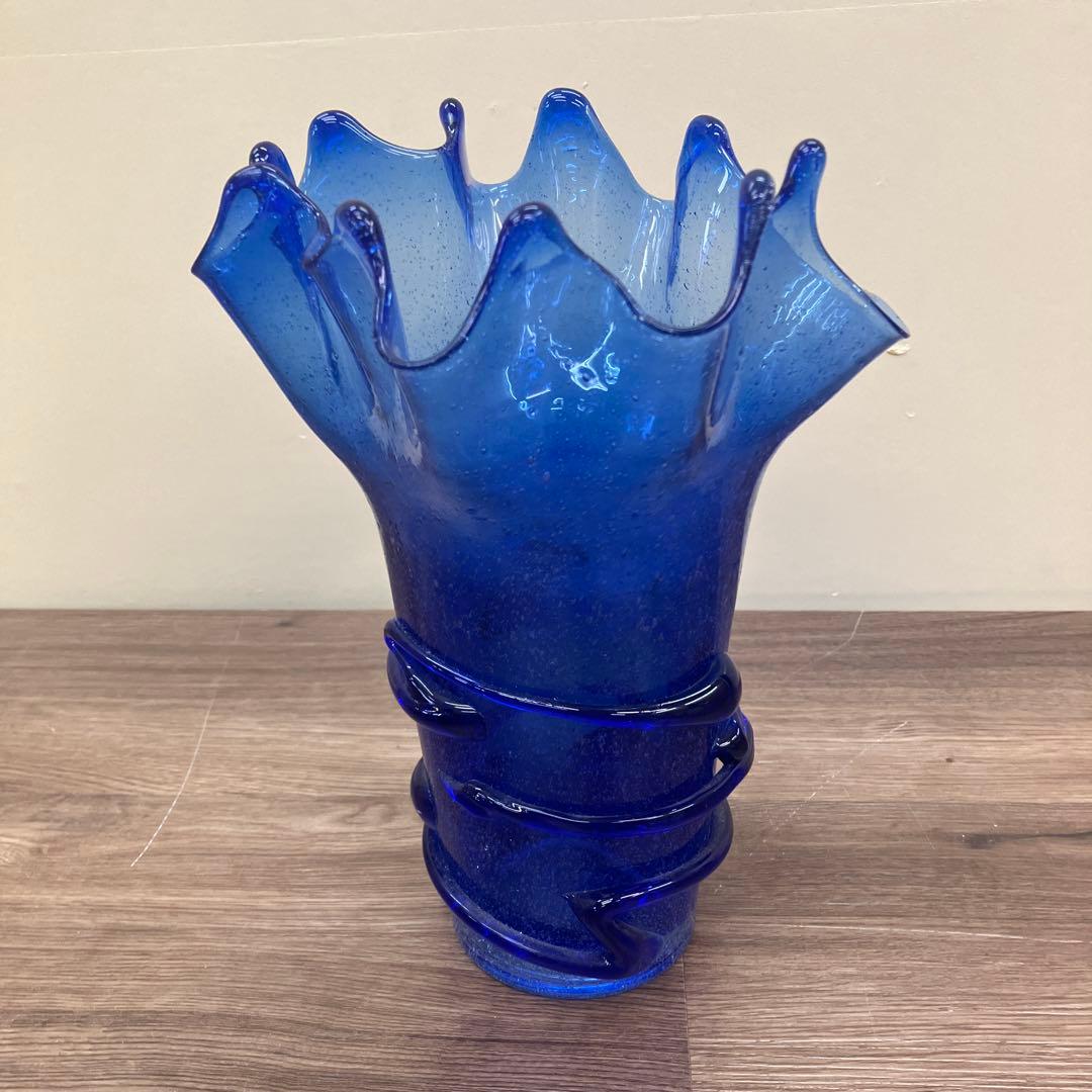 D壁 【極美品】琉球ガラス 特大 吹きガラス 花瓶 コバルトブルー 泡入り 気泡