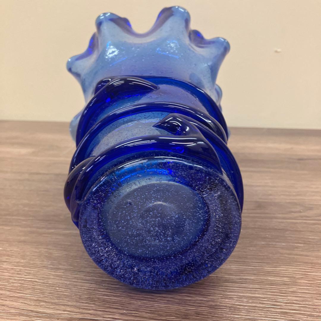 D壁 【極美品】琉球ガラス 特大 吹きガラス 花瓶 コバルトブルー 泡入り 気泡