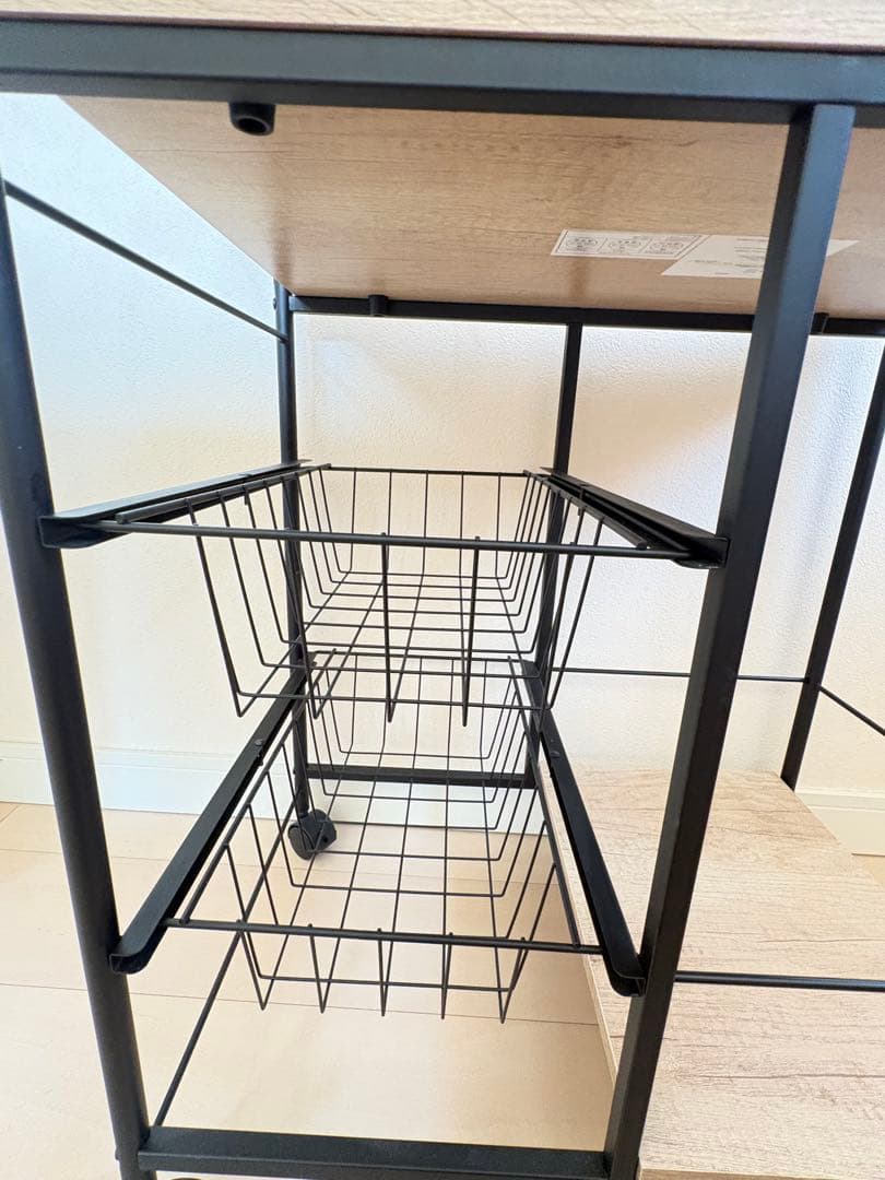 キッチンワゴン 木製天板 ワイヤーバスケット付き