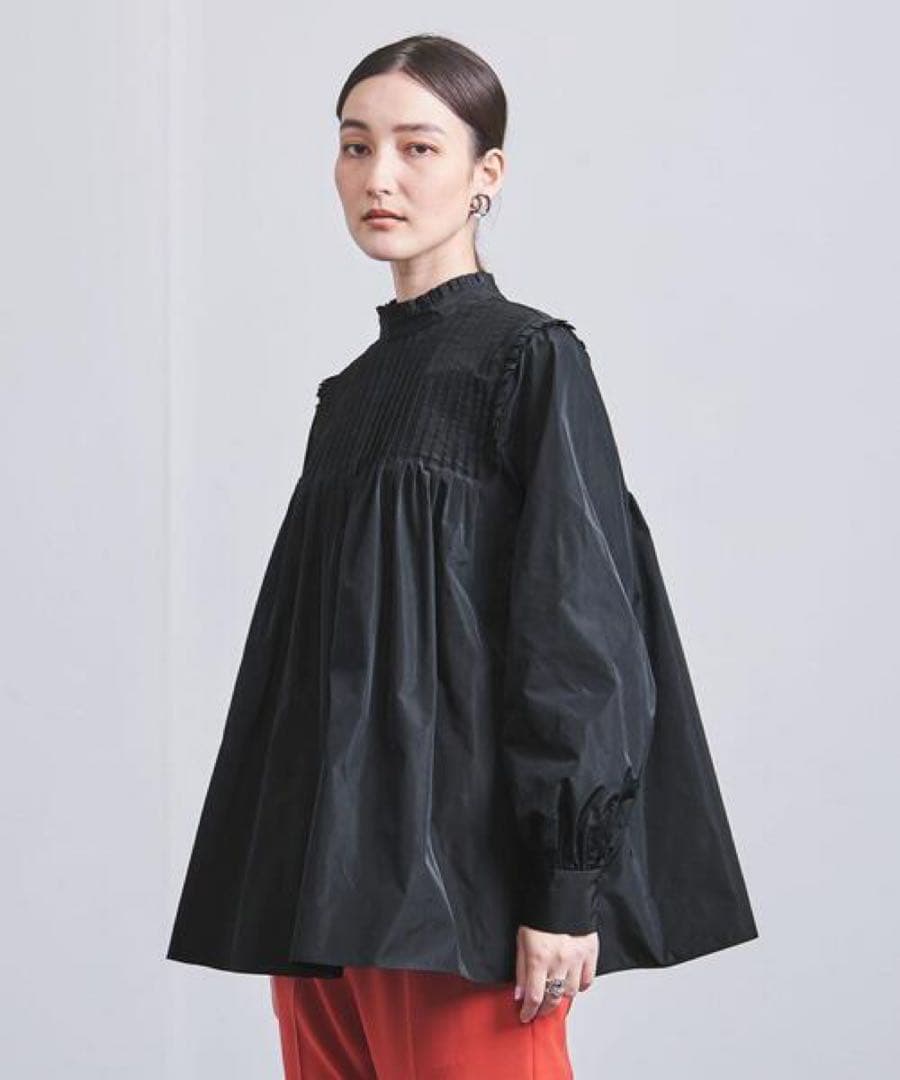 極美品 ユナイテッドアローズ P タフタ フリル ハイネック ブラウス ブラック