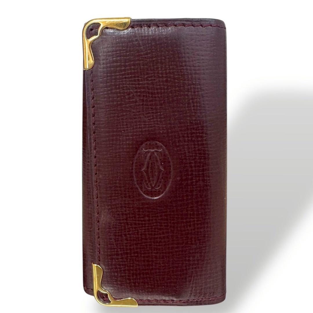 カルティエ　マストライン　キーケース　四連　ロゴ　ボルドー　ゴールド金具
