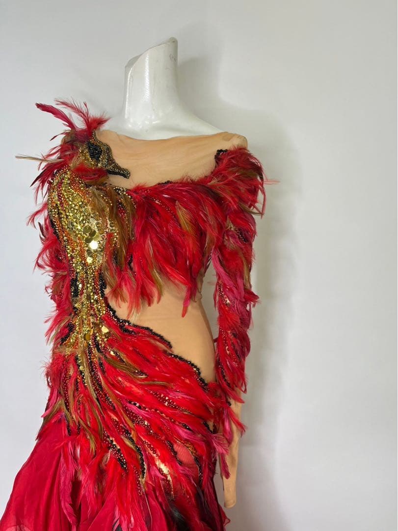Inajeliazkova社交ダンス用赤ドレス 羽根付き