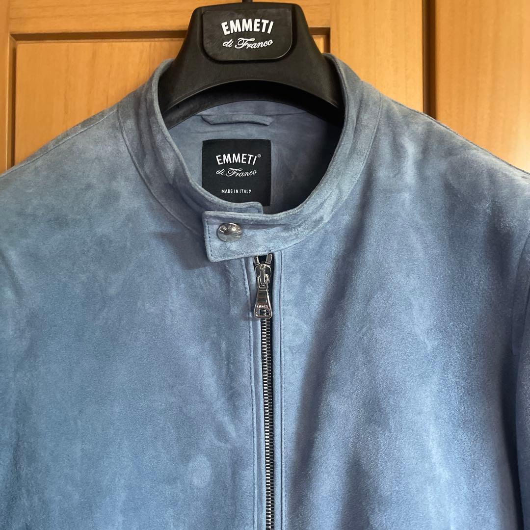 EMMETIライトブルー スエード シングルライダースジャケット