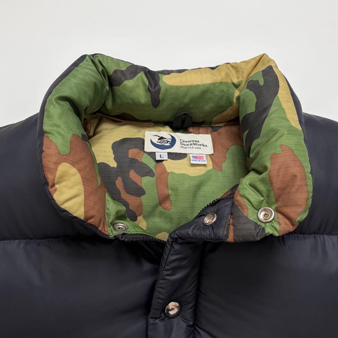 USA製★クレセントダウンワークス AVIREX ダウンベスト 黒 迷彩 カモ