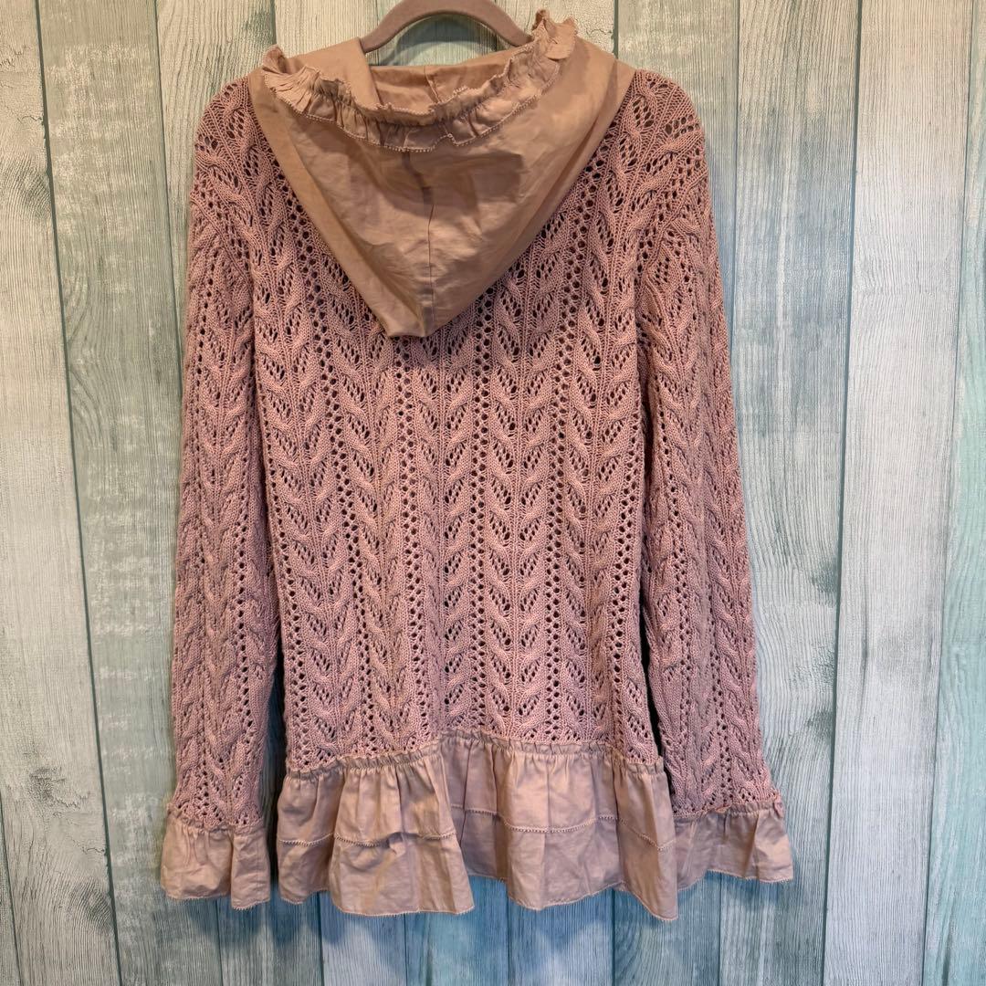 PINK HOUSE 透かし編み フリル フーディーカーディガン