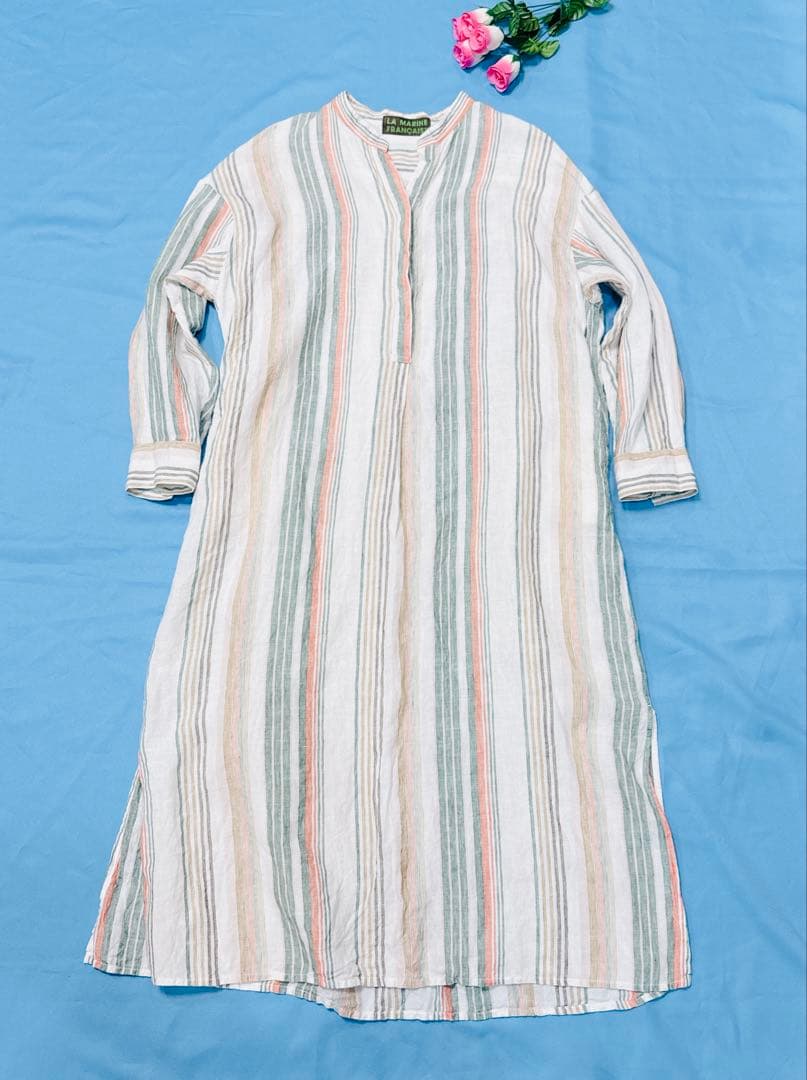マリンフランセーズ　リネンロングワンピース　生成り　インド綿　ロングシャツ