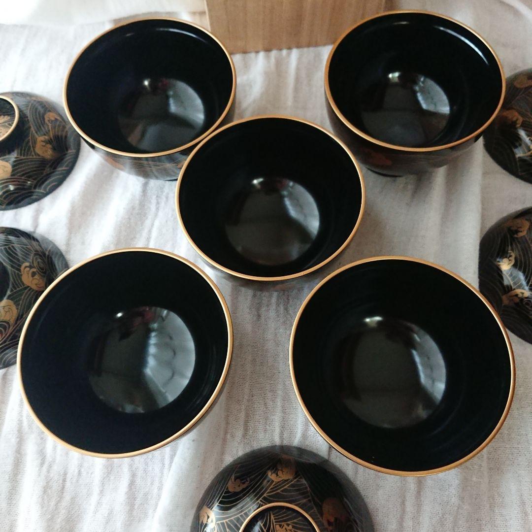 未使用 会津塗 乙造作 金彩蒔絵 青海波 本漆仕上 お椀 吸物椀 汁椀 5客