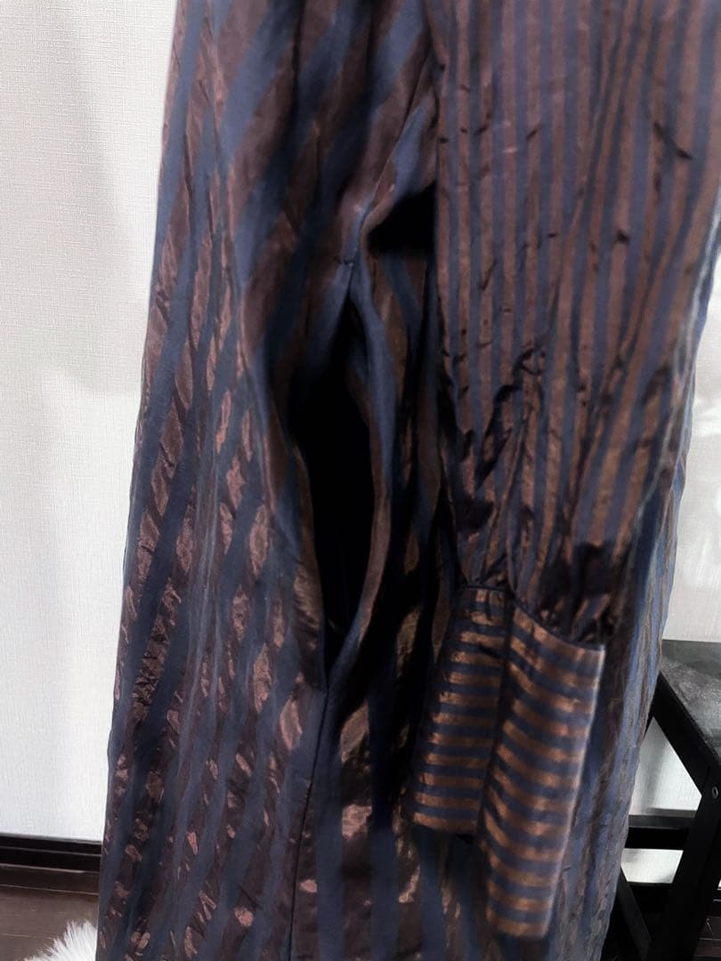 美品BRAHMINストライプ柄セーラー襟シャツワンピース袖ゴールドボタンロング丈