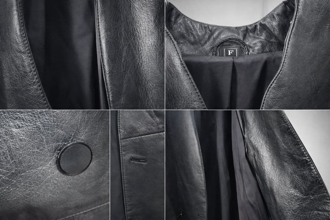 本革 牛革 キュプラ裏地 ノーカラー ロング丈 レザージャケット 黒
