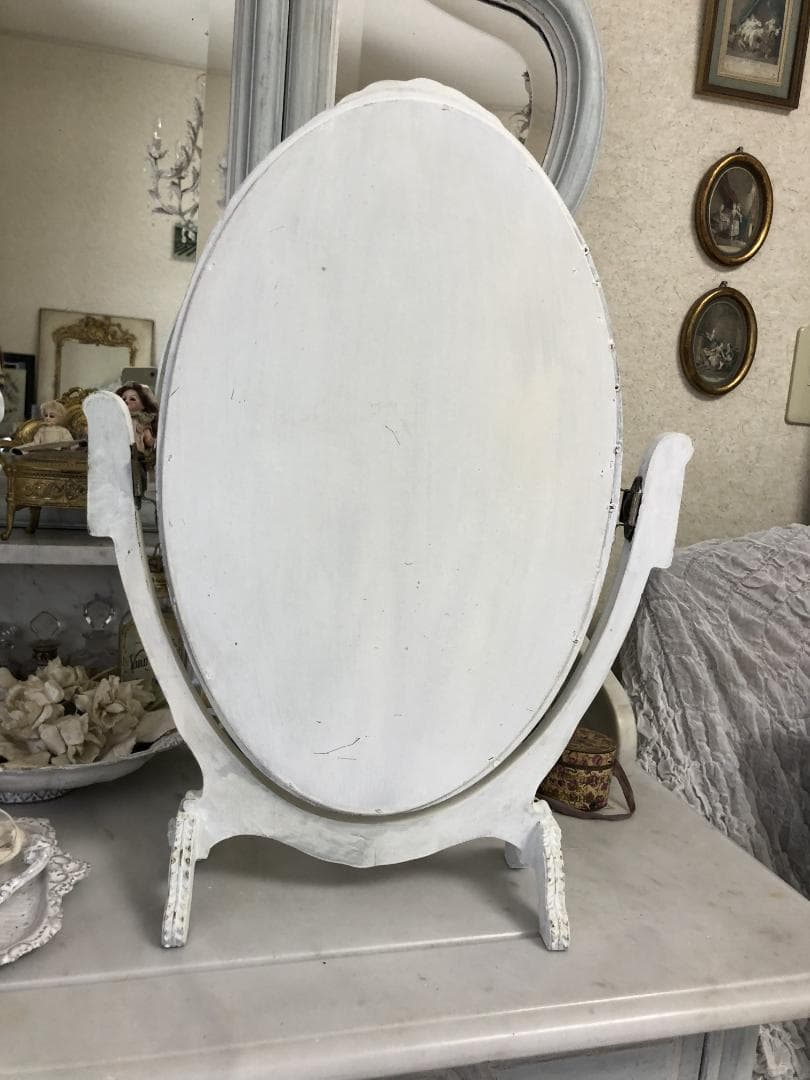 フランスアンティーク　スタンドミラー　ローズガーランド　ホワイト