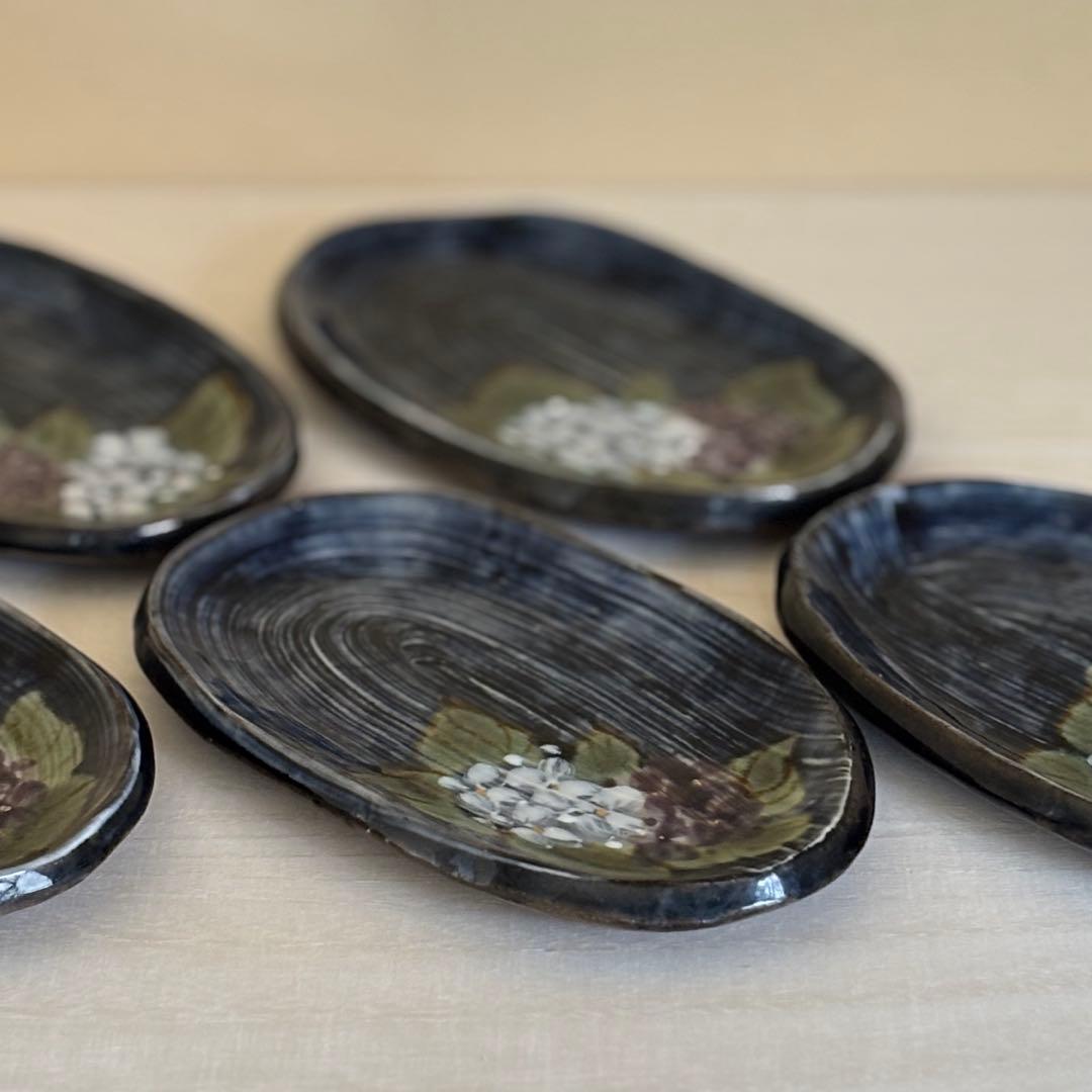 か*ん様 和食器 京焼 陶葊 土渕陶あん 楕円皿 貫入陶器 紫陽花 5枚セット