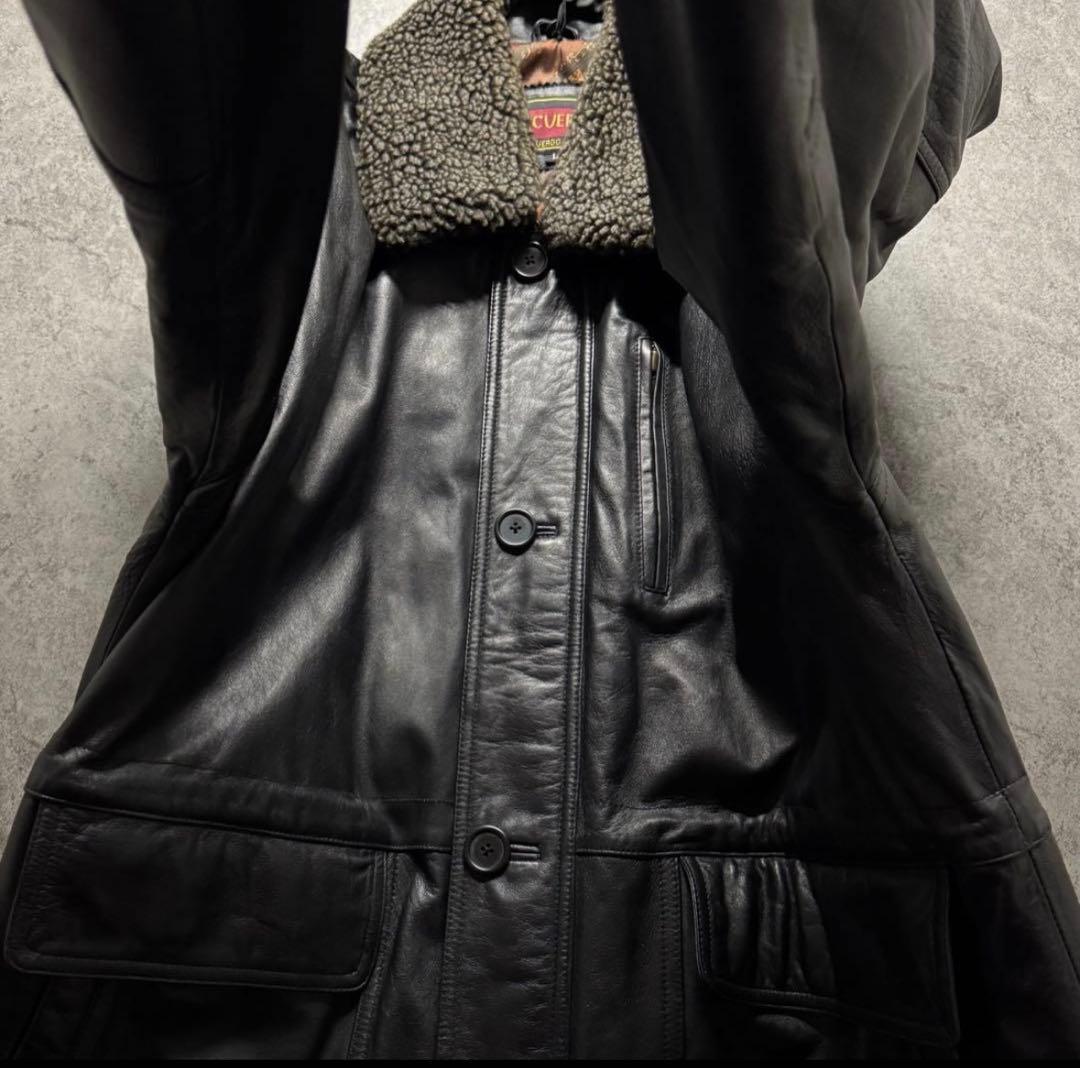 【80s vintage】レザーカーコート　L 　羊革　野村訓市　襟ボア　裏総柄