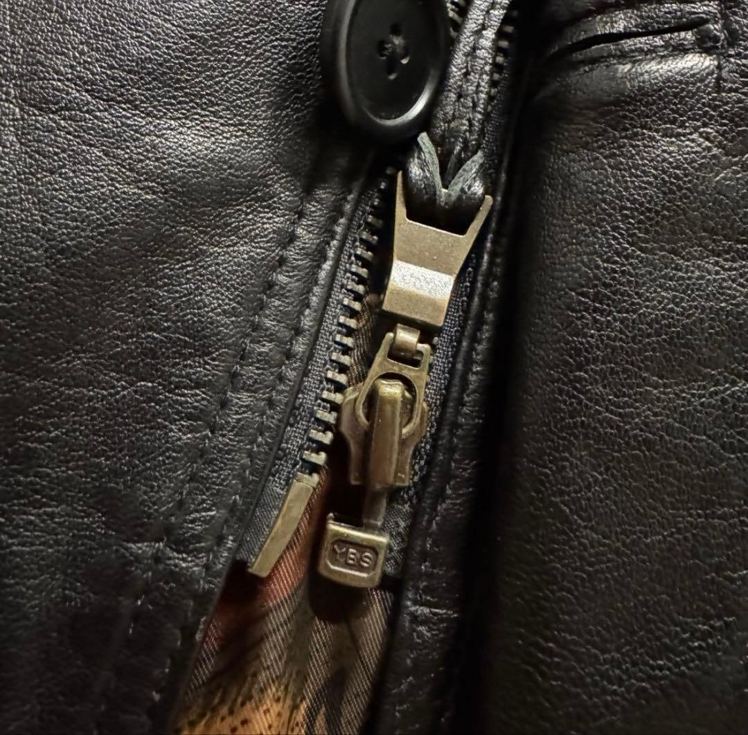 【80s vintage】レザーカーコート　L 　羊革　野村訓市　襟ボア　裏総柄