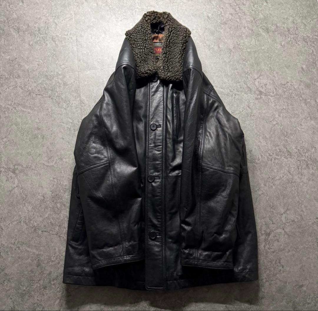 【80s vintage】レザーカーコート　L 　羊革　野村訓市　襟ボア　裏総柄